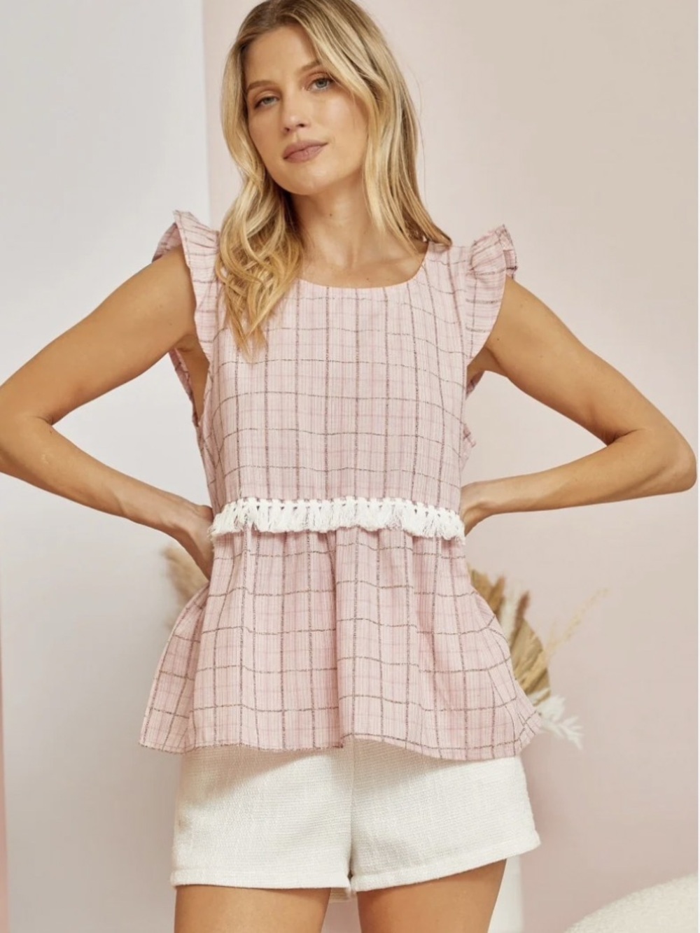 ANDREE BY UNIT Pink Plaid Top with fringe waist & ruffle sleeve size S NWOT